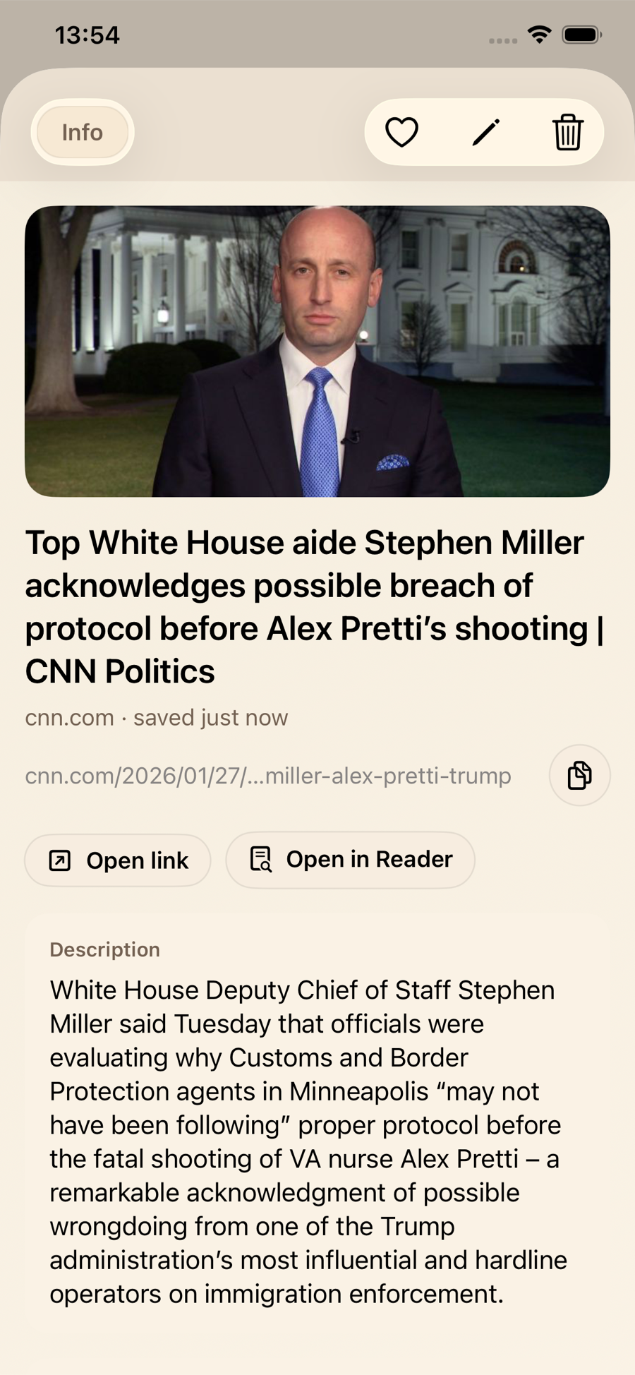 LinkBook info view for a saved article