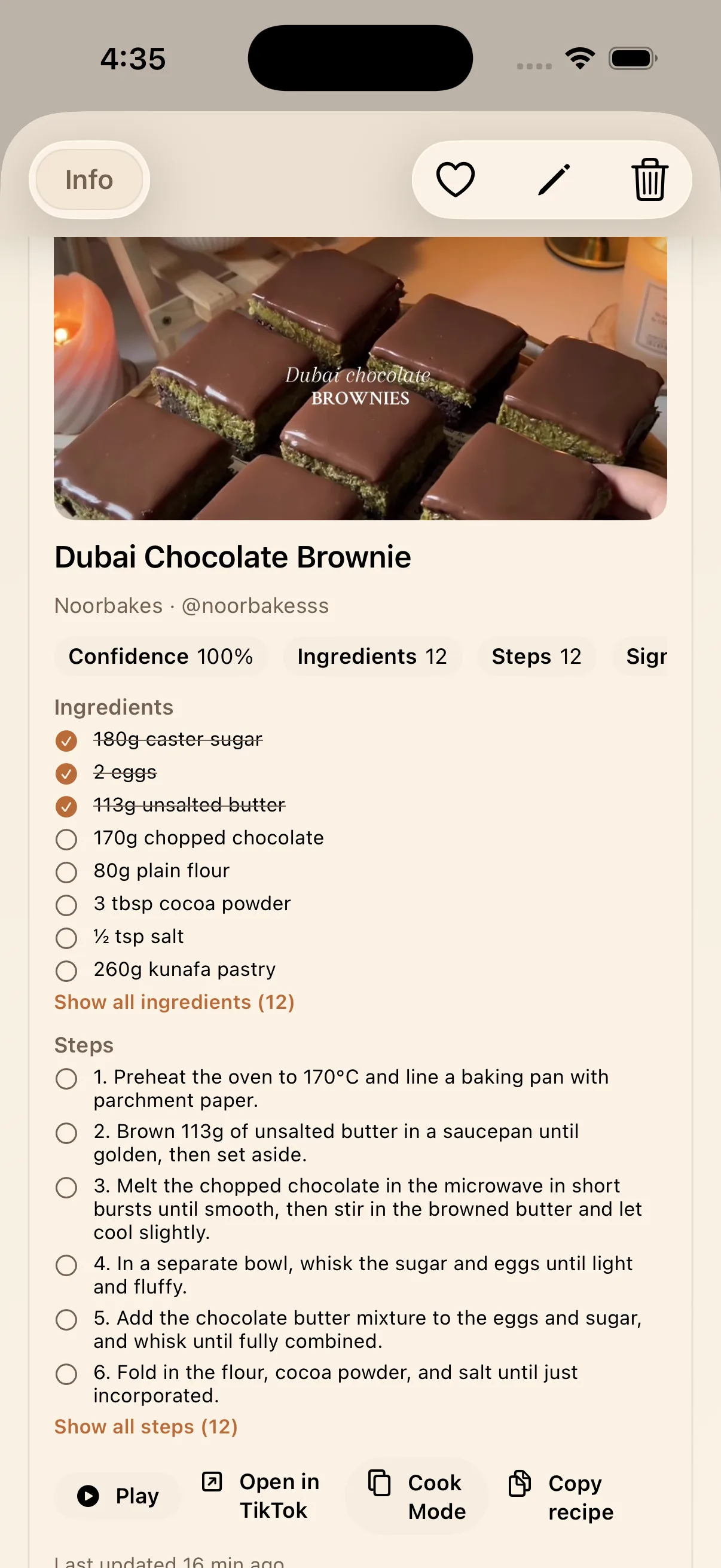 LinkBook TikTok recipe Smart Card with checked ingredients and cooking actions