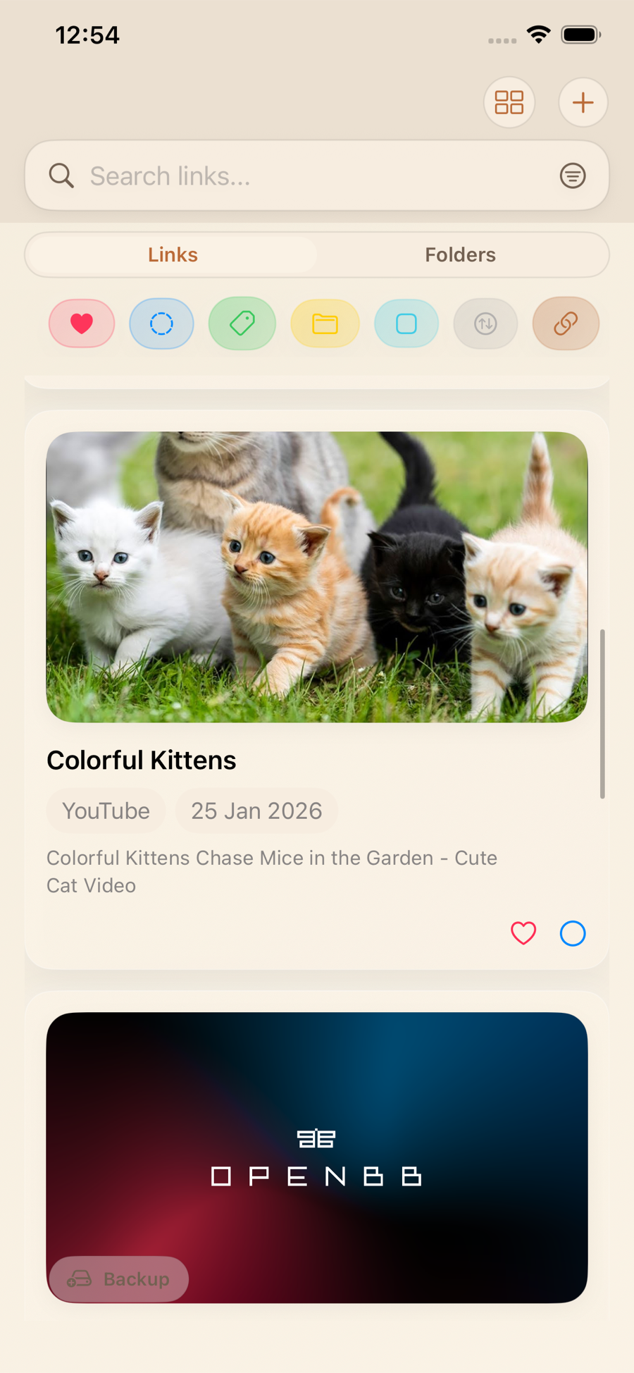 LinkBook links view showing smart cards
